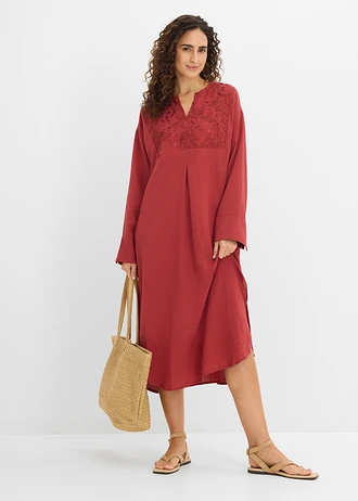 Rochie caftan vaporoasă, cu ornamente, culoare: roșu oxid