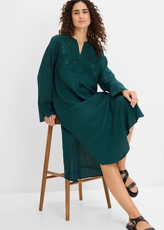 Rochie caftan vaporoasă, cu ornamente • verde profund • magazin bonprix