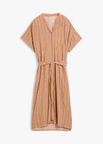 Kaftan jurk van zachte viscose, Kleur: mat camel-bruin-wolwit gestreept