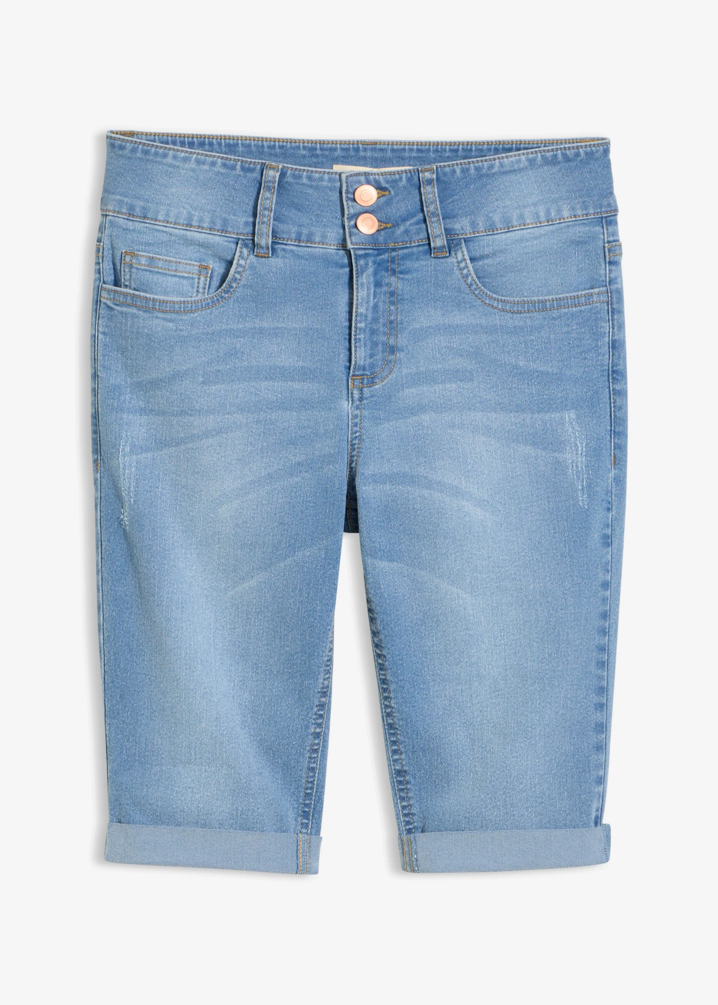 Bermudy jeansowe mid waist • jasnoniebieski denim "used" • sklep bonprix