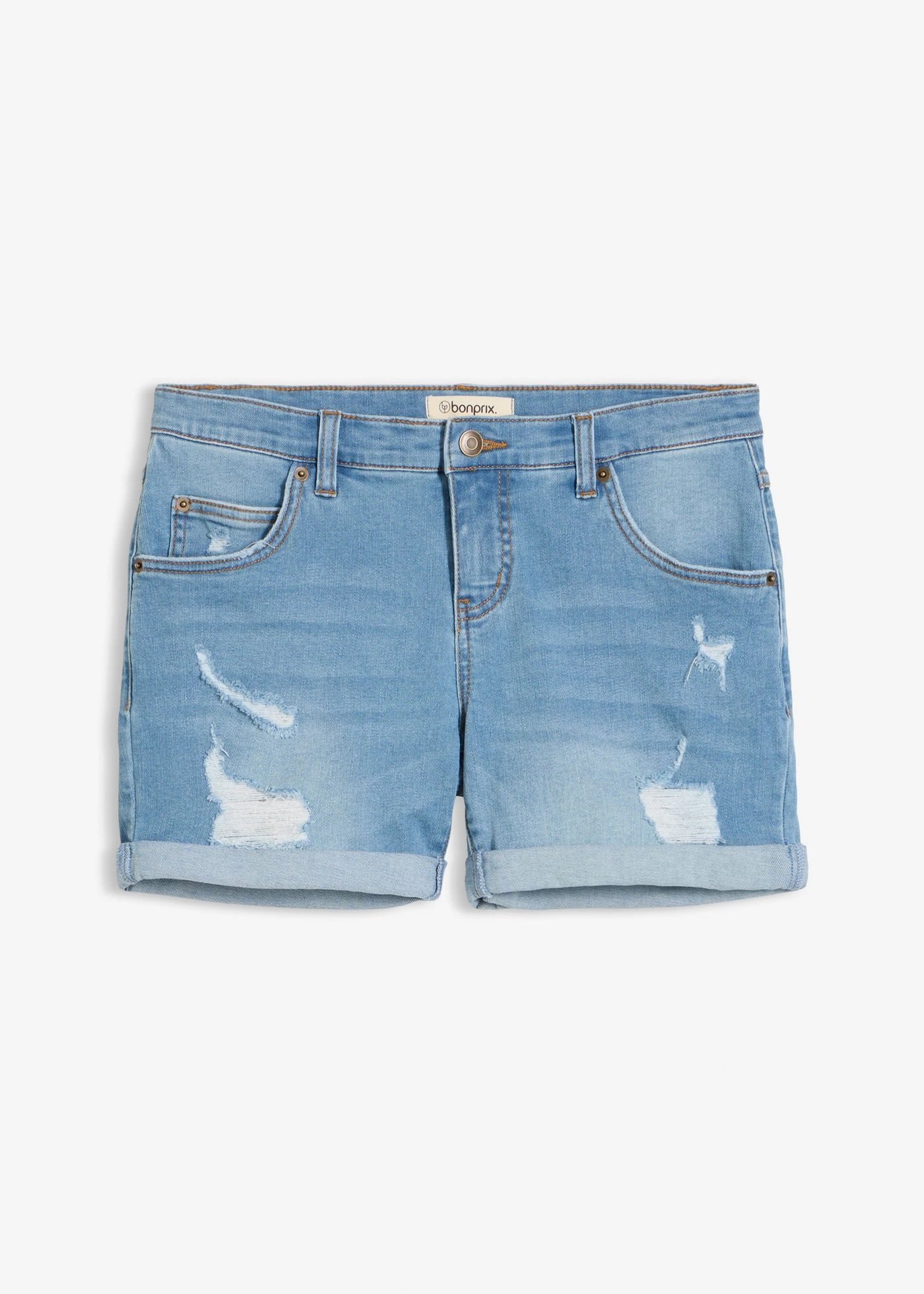 Džínové šortky s obnošenými efekty, Mid Waist • světle modrý denim used • bonprix obchod