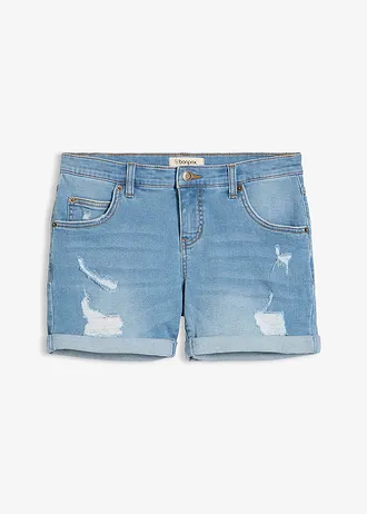 Džínové šortky s obnošenými efekty, Mid Waist, barva: modrý denim