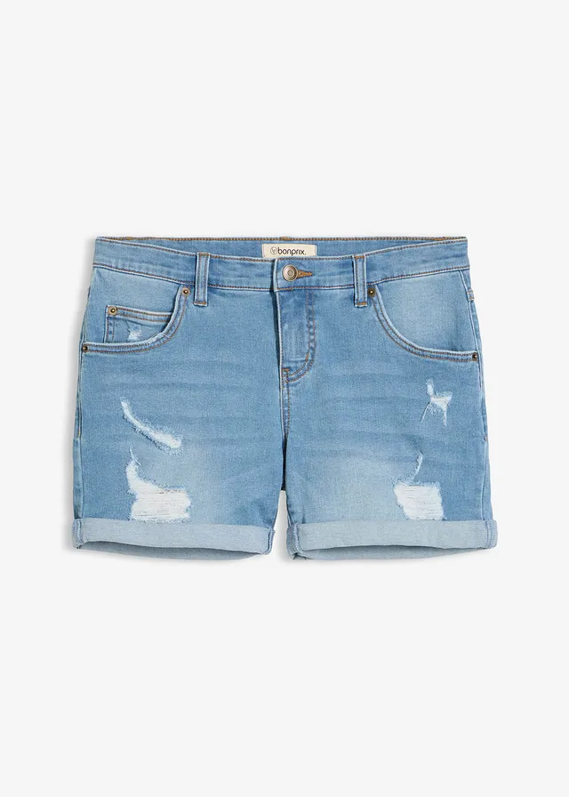 Jeans mid waist short met destroyed effecten, Kleur: lichtblauw denim used