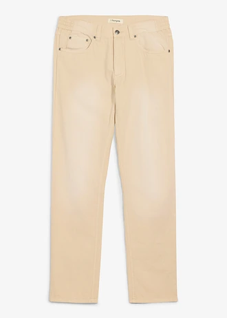 Lichte regular fit straight jeans van coloured denim met eleastische tailleband, Kleur: lichtsand