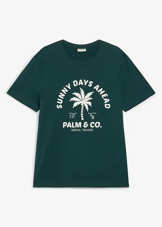T-shirt van puur katoen, Kleur: diepgroen met print
