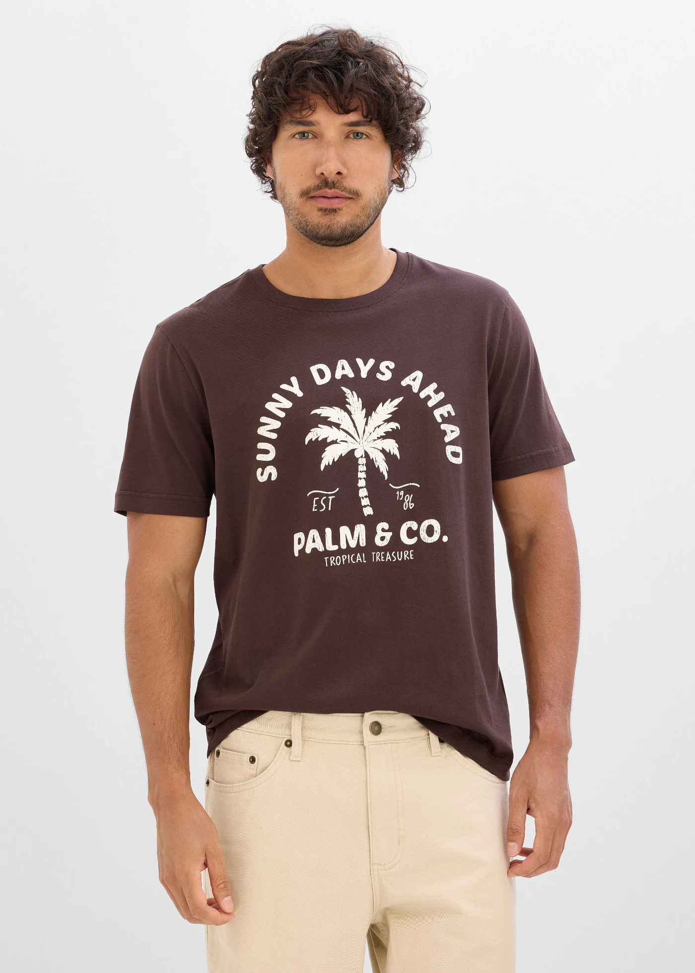 T-shirt van puur katoen • donkerbruin met print • bonprix online shop