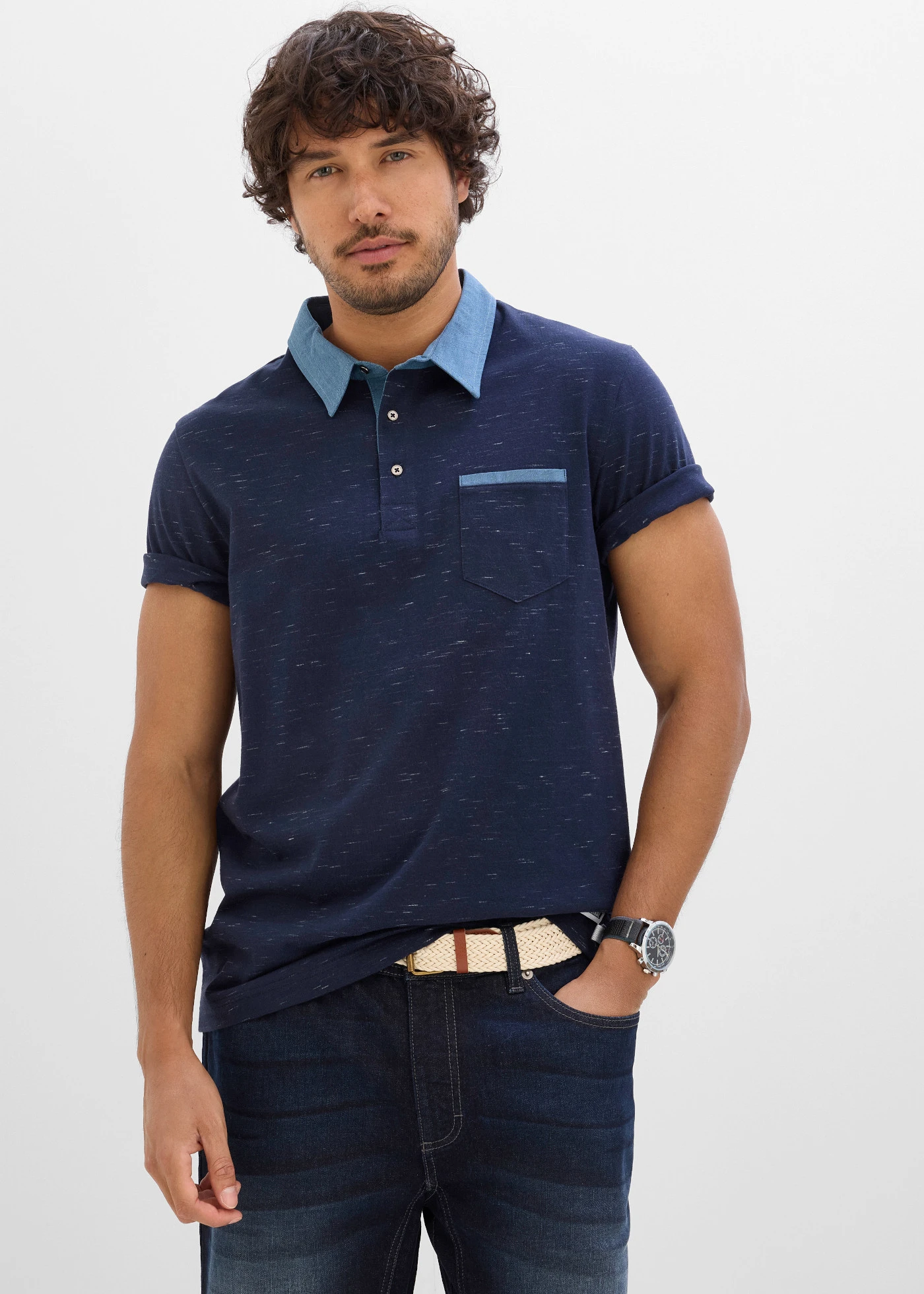 Polo manches courtes à col tissé • bleu foncé chiné • Boutique bonprix
