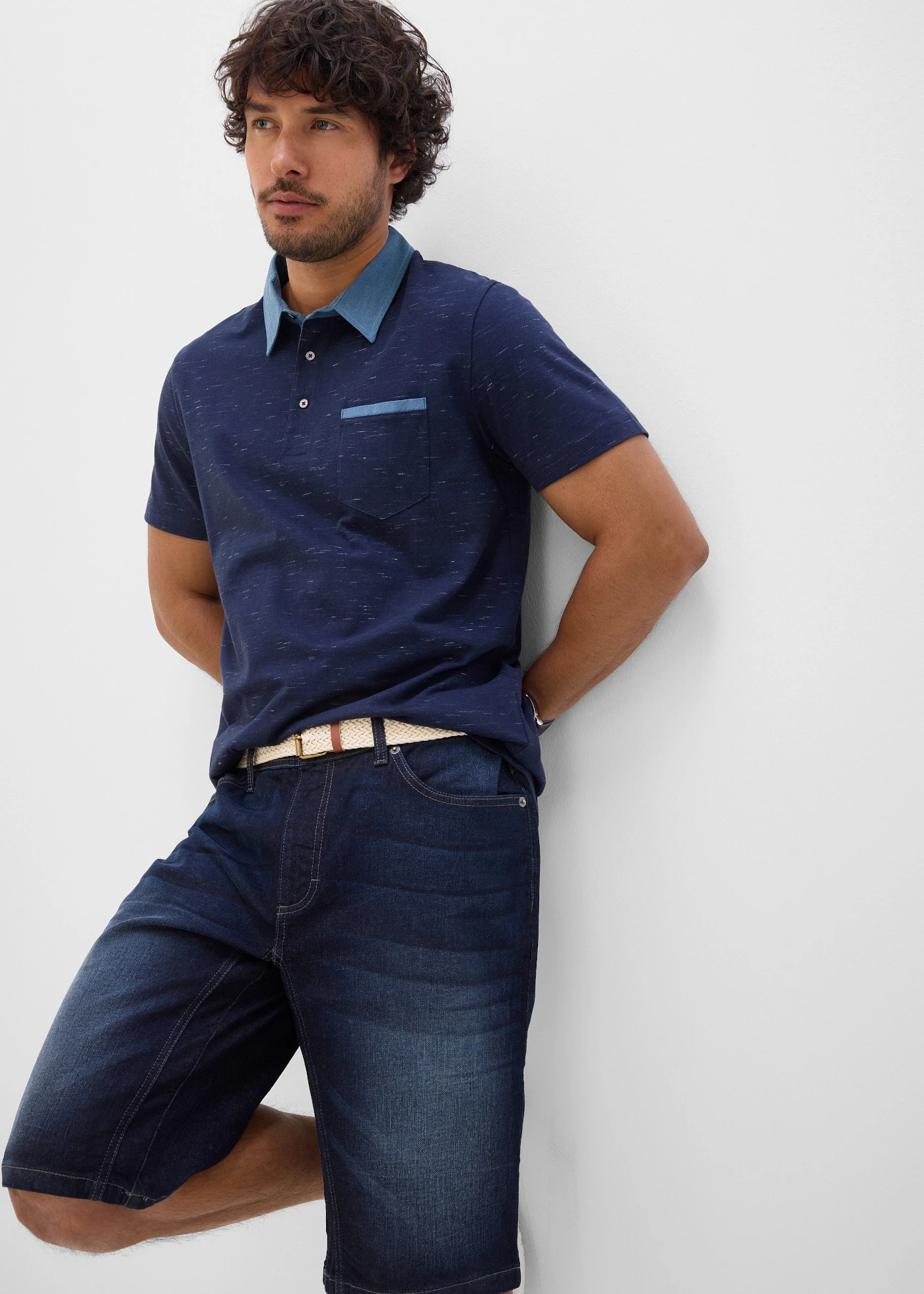 Polo manches courtes à col tissé • bleu foncé chiné • Boutique bonprix