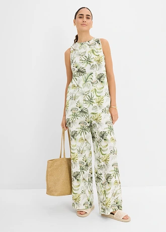 Gedessineerde blouse van een linnen-mix, Kleur: wit-olijfgroen gedessineerd