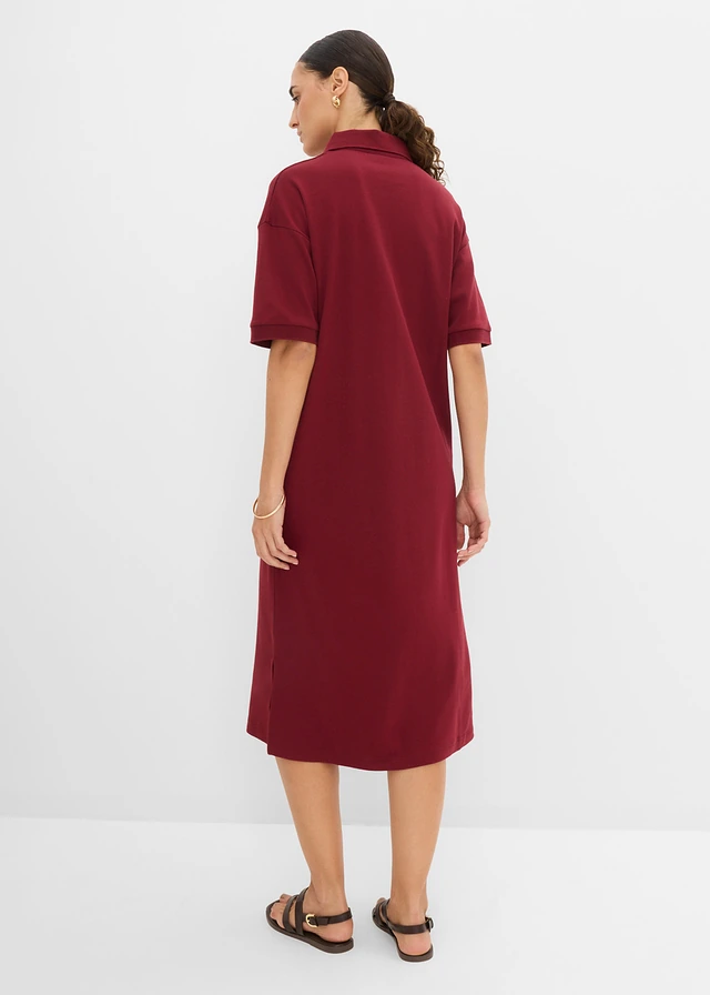Robe midi 100% coton à col polo, Couleur: rouge rubis