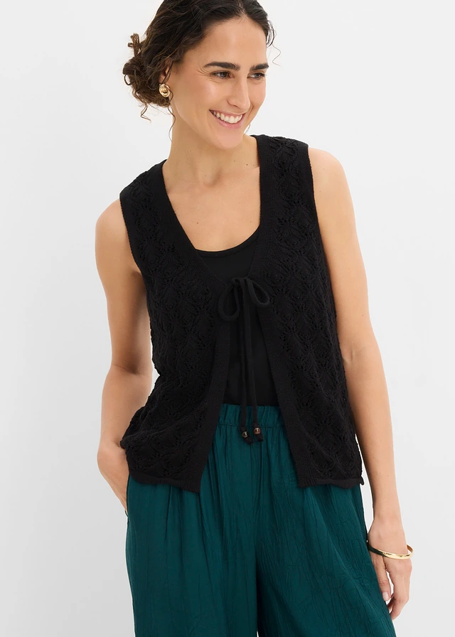 Gebreid ajour vest, Kleur: zwart