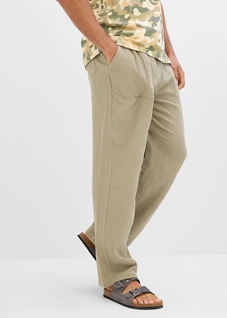 Pantalon loose en gaze de coton à taille élastiquée, fuselé • olive fumé • Boutique bonprix