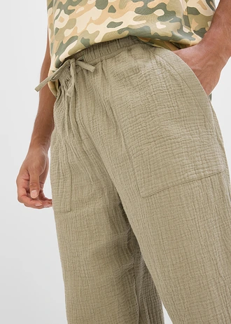 Pantalon loose en gaze de coton à taille élastiquée, fuselé • olive fumé • Boutique bonprix