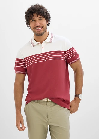 Tricou polo din jerse de bumbac 100%, culoare: ecru/roșu oxid în dungi