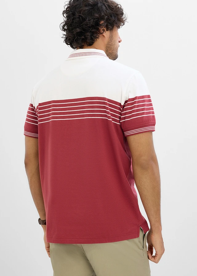 Polo en jersey 100% coton, Couleur: blanc cassé/rouge désert rayé diagonal