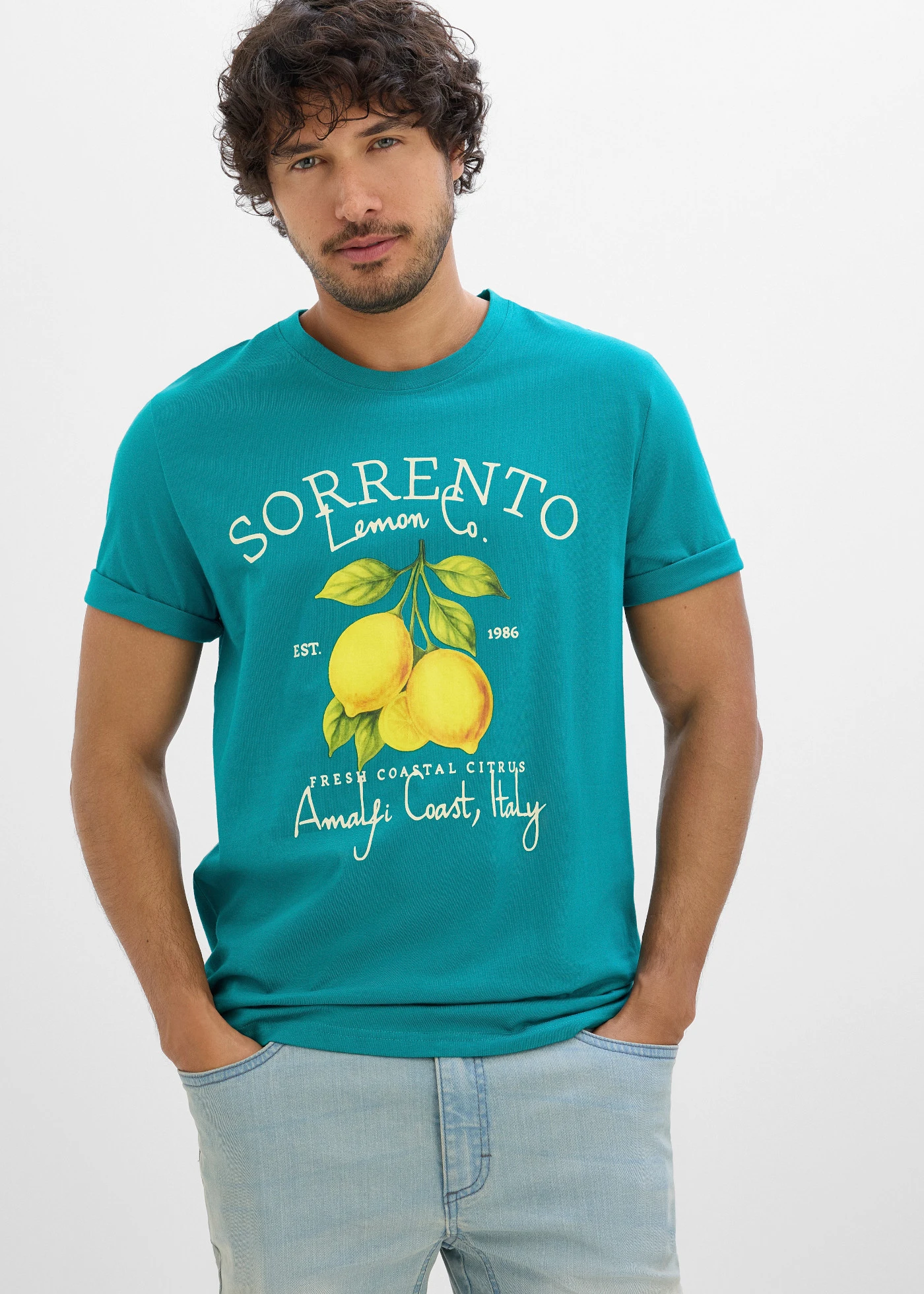 T-shirt z czystej bawełny • kobaltowy turkusowy z nadrukiem • sklep bonprix