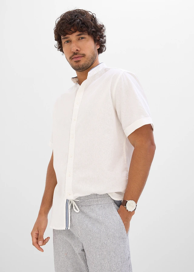Linnen overhemd met korte mouwen, Kleur: wit