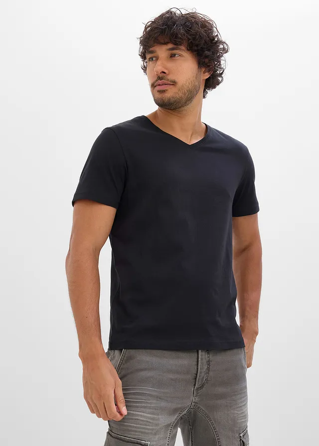 T-shirt met V-hals (set van 3), Kleur: 3x zwart