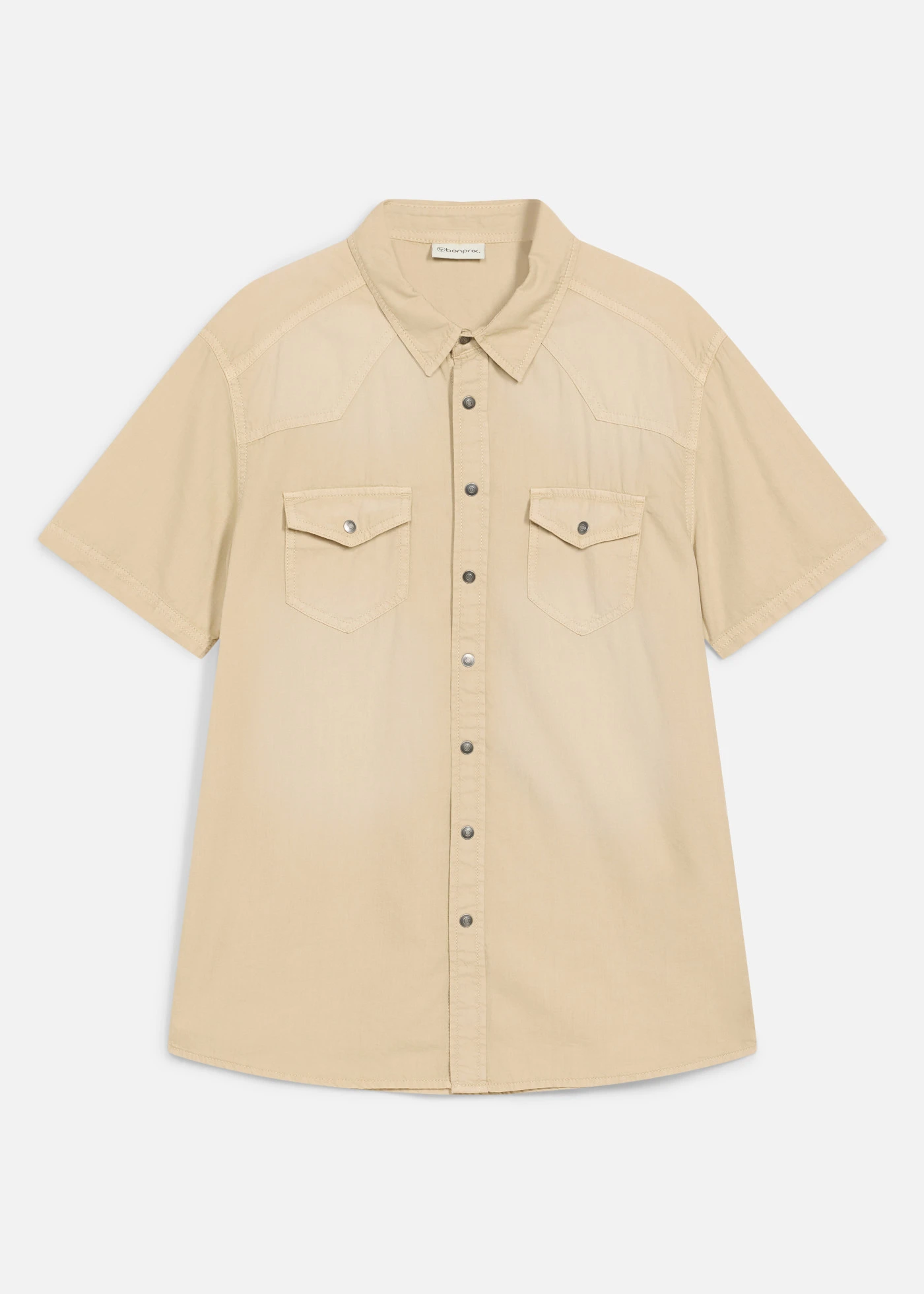 Koszula jeansowa z krótkim rękawem z kolorowego denimu, slim fit • jasny piaskowy • sklep bonprix