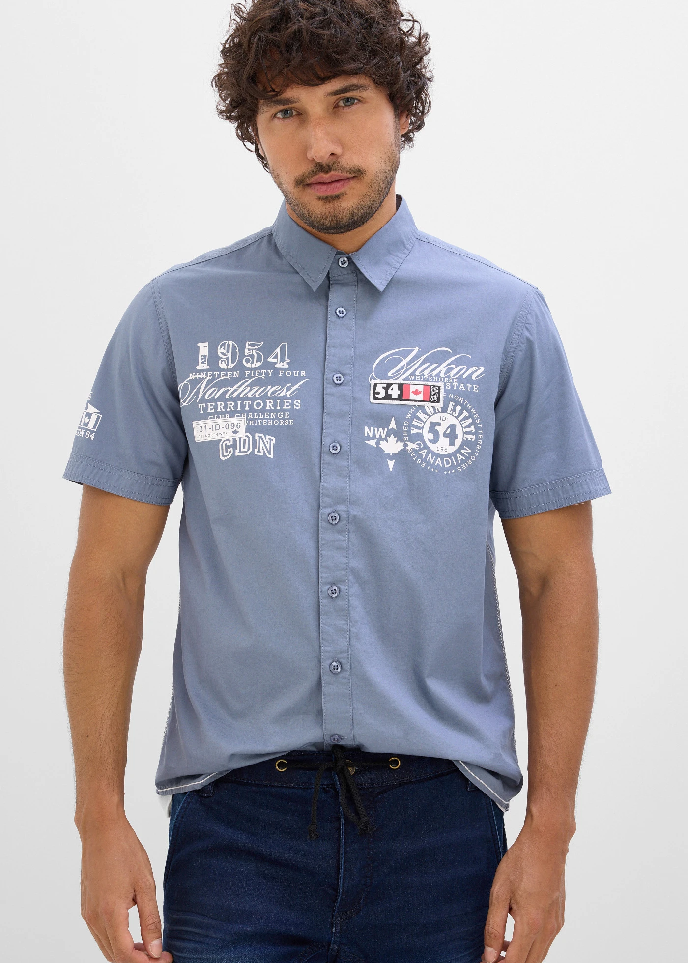 Koszula z krótkim rękawem, slim fit • niebieski dymny z nadrukiem • sklep bonprix