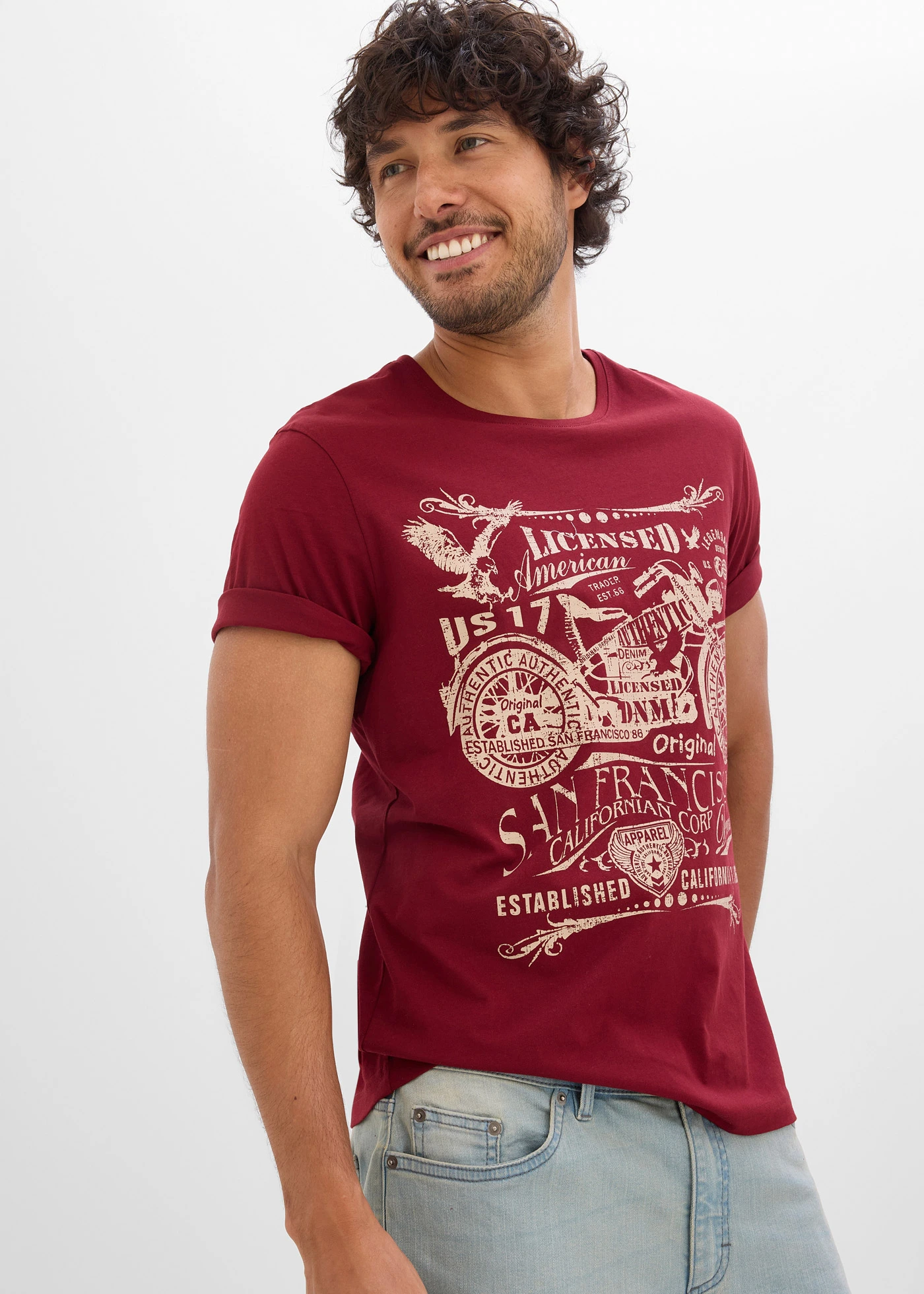 Tricou din bumbac 100% • roșu-rubiniu cu imprimeu • magazin bonprix