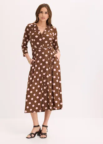 Rochie tip cămașă cu cordon (set/2 piese) • maro/roz cenuşiu punctat • magazin bonprix