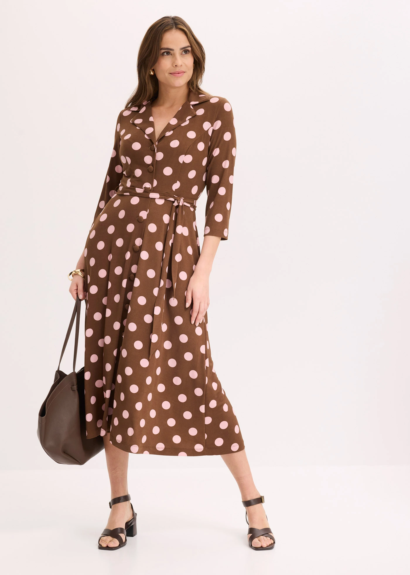 Rochie tip cămașă cu cordon (set/2 piese) • maro/roz cenuşiu punctat • magazin bonprix