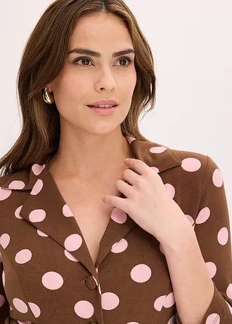 Rochie tip cămașă cu cordon (set/2 piese) • maro/roz cenuşiu punctat • magazin bonprix