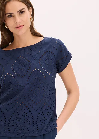 T-shirt à broderies anglaises • bleu foncé • Boutique bonprix