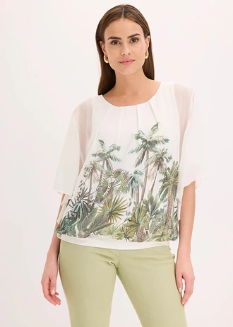 Chiffon blouse met ondershirt, Kleur: parelwit-olijfgroen met print