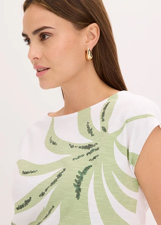 T-shirt avec sequins • blanc-vert pâle-olive imprimé • Boutique bonprix