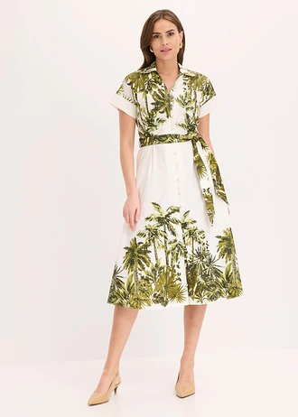 Robe-chemise avec lien à nouer • blanc nacré-olive imprimé • Boutique bonprix