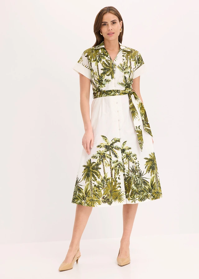 Robe-chemise avec lien à nouer, Couleur: blanc nacré-olive imprimé