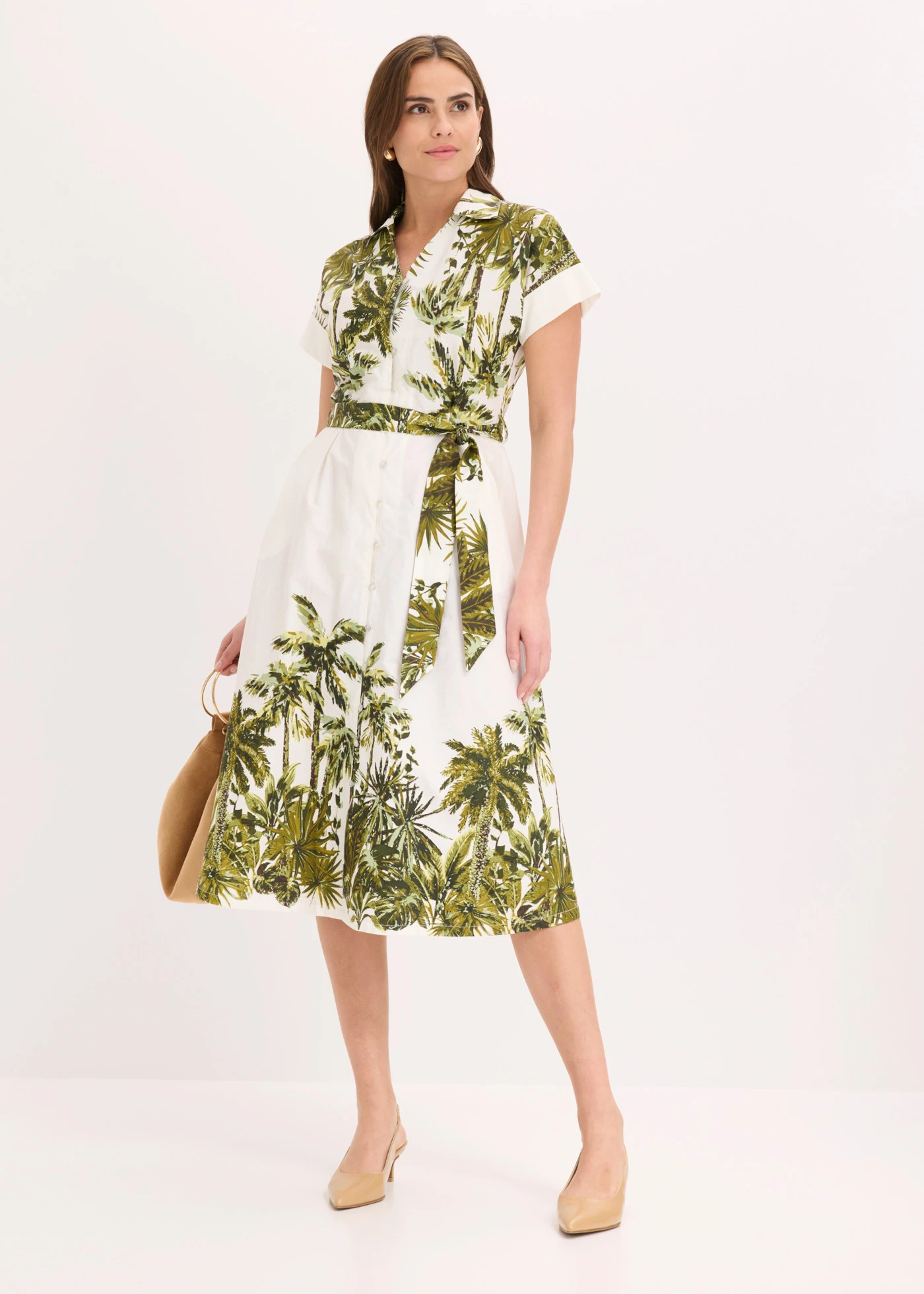 Overhemdjurk met strikceintuur • parelwit-olijfgroen met print • bonprix online shop