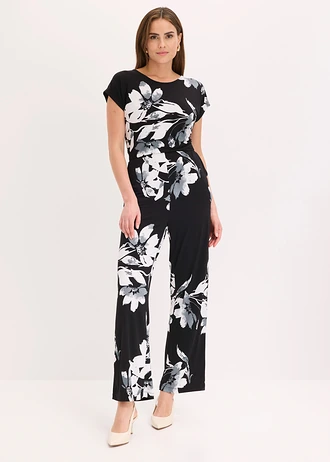 Jumpsuit met palmenprint, Kleur: zwart-wit met print