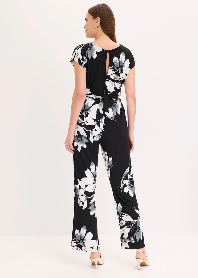 Jumpsuit met palmenprint, Kleur: zwart-wit met print