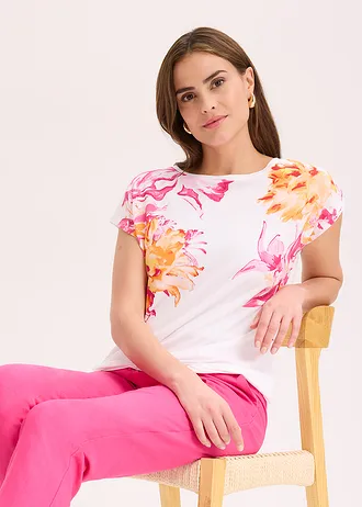 Póló ejtett vállakkal • fehér/fukszia pink/élénknarancs virágmintás • bonprix áruház
