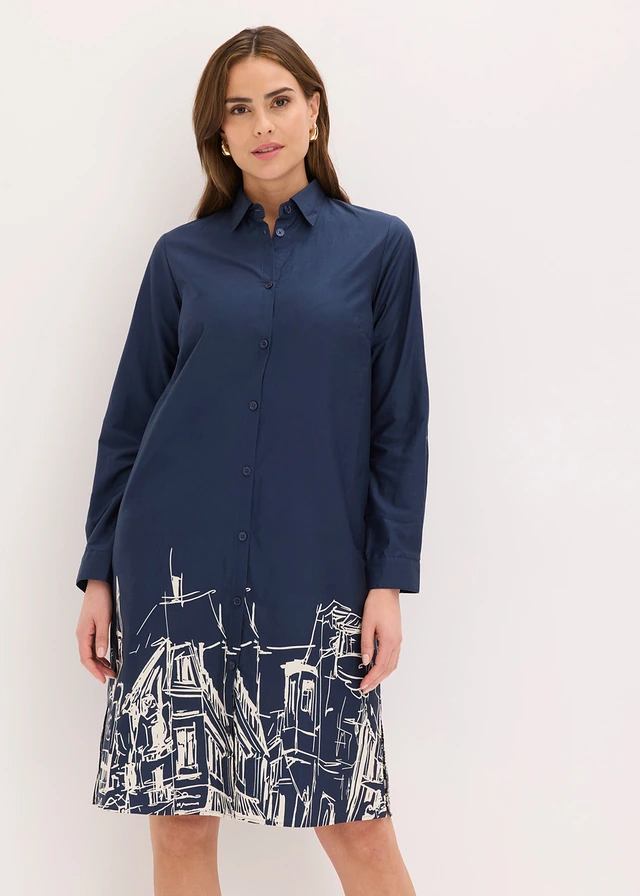 Robe-chemise en popeline de coton, Couleur: bleu foncé-écru graphique