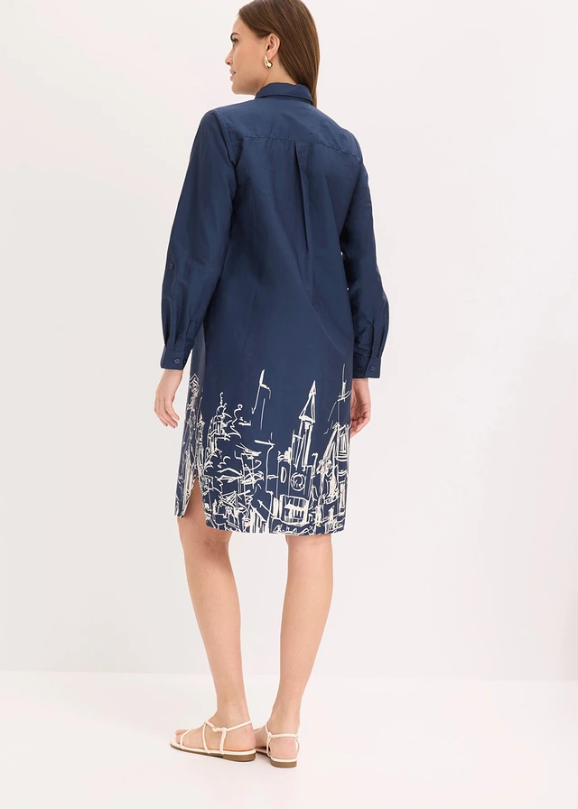 Robe-chemise en popeline de coton, Couleur: bleu foncé-écru graphique