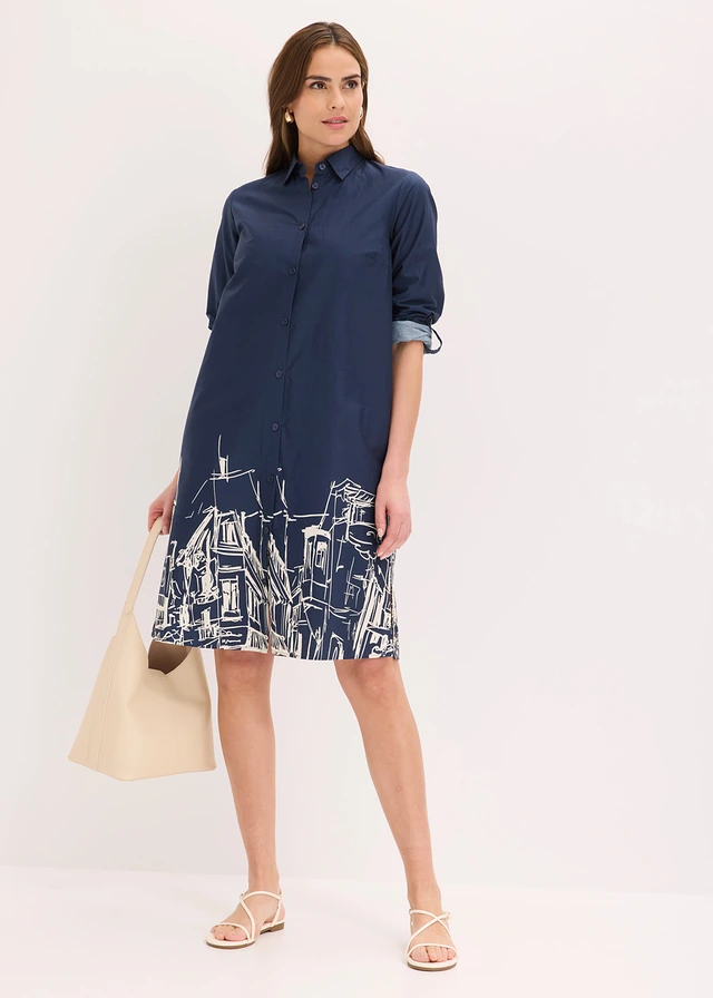 Robe-chemise en popeline de coton, Couleur: bleu foncé-écru graphique