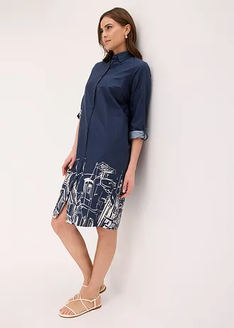 Overhemdjurk van katoenpopeline • donkerblauw-ecru grafische print • bonprix online shop