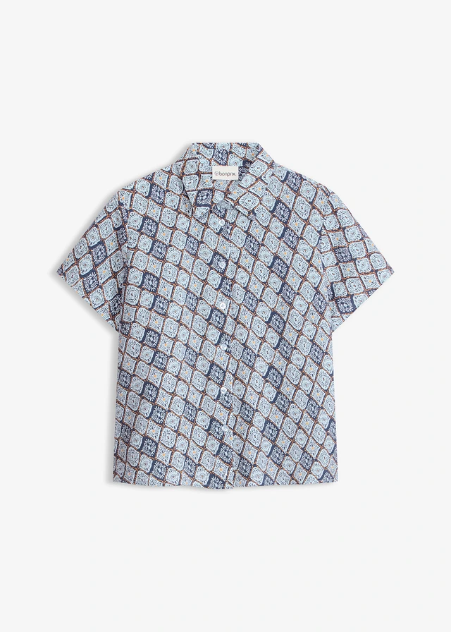 Blouse met korte mouwen met viscose, Kleur: lichtblauw-donkerblauw grafische print