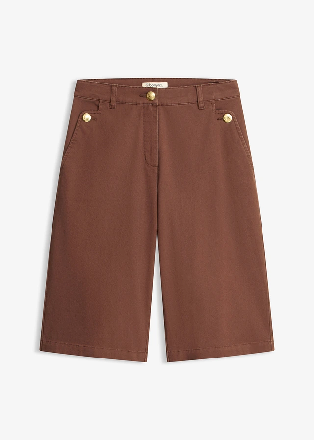 Bermudy wide leg z elastycznego diagonalu • brązowy • sklep bonprix