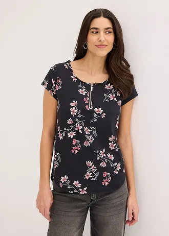 Oversized shirt in een katoenmix, Kleur: zwart-roze gebloemd