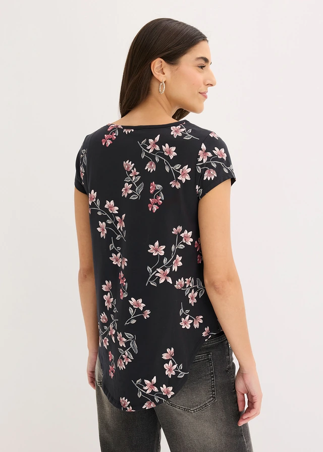 T-shirt oversize en coton extensible, Couleur: noir/rose floral