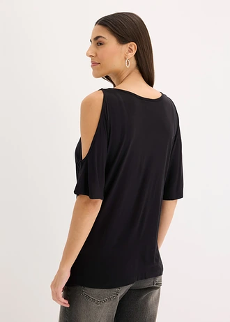 Cold shoulder shirt van viscose, Kleur: zwart-grijs gebloemd