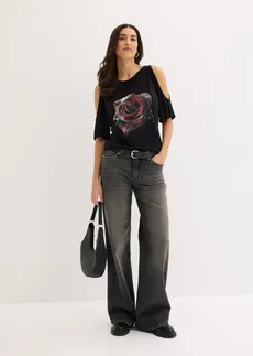 T-shirt à épaules dénudées en viscose, Couleur: noir/gris floral