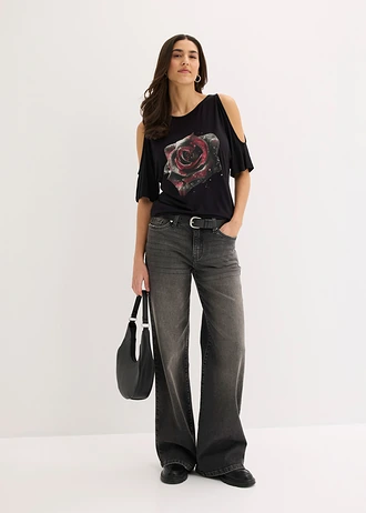 Cold shoulder shirt van viscose, Kleur: zwart-grijs gebloemd