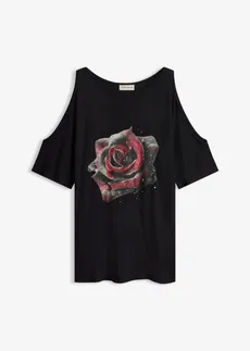 T-shirt à épaules dénudées en viscose, Couleur: noir/gris floral