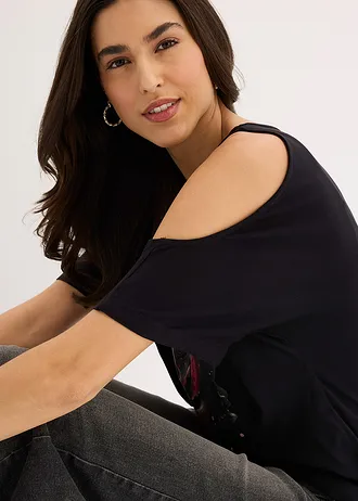 Cold shoulder shirt van viscose • zwart-grijs gebloemd • bonprix online shop